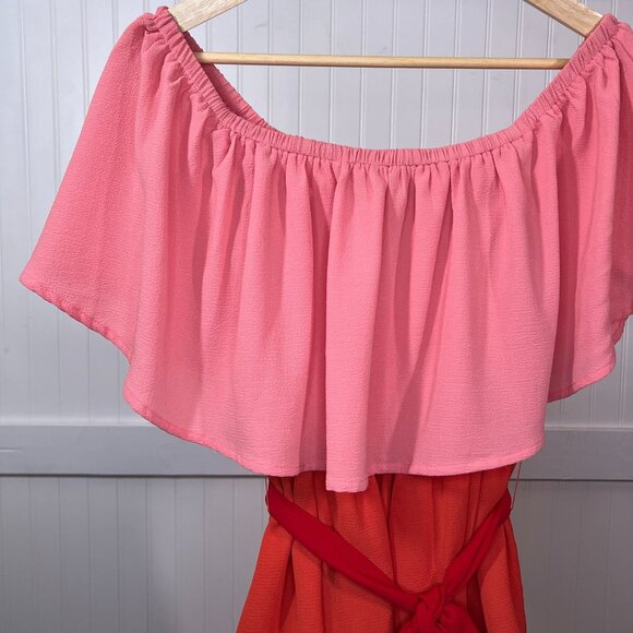 A. Calin Flying Tomato Ombre Tiered Colorblock Off Shoulder Tie Dress Pink Red - Picture 1 of 6